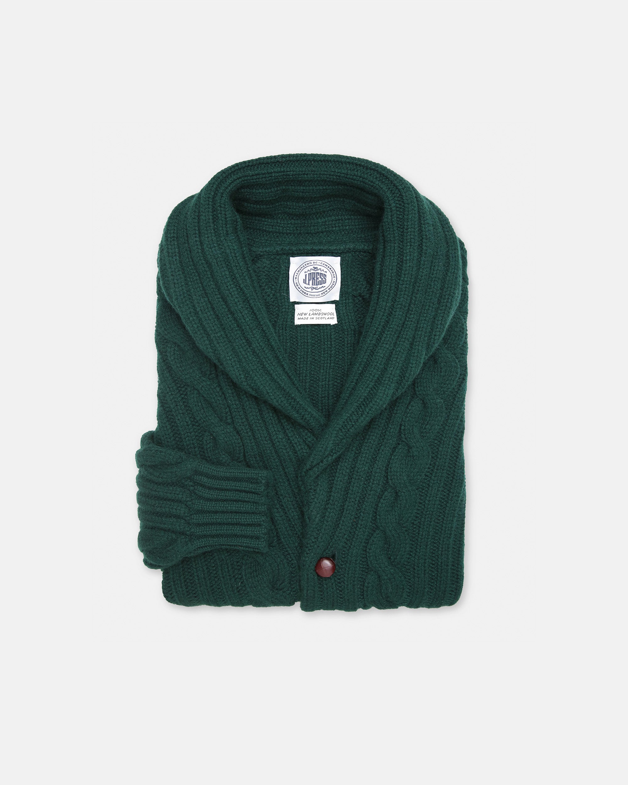 Made-in-Scotland Green Shawl Collar Cableknit Cardigan