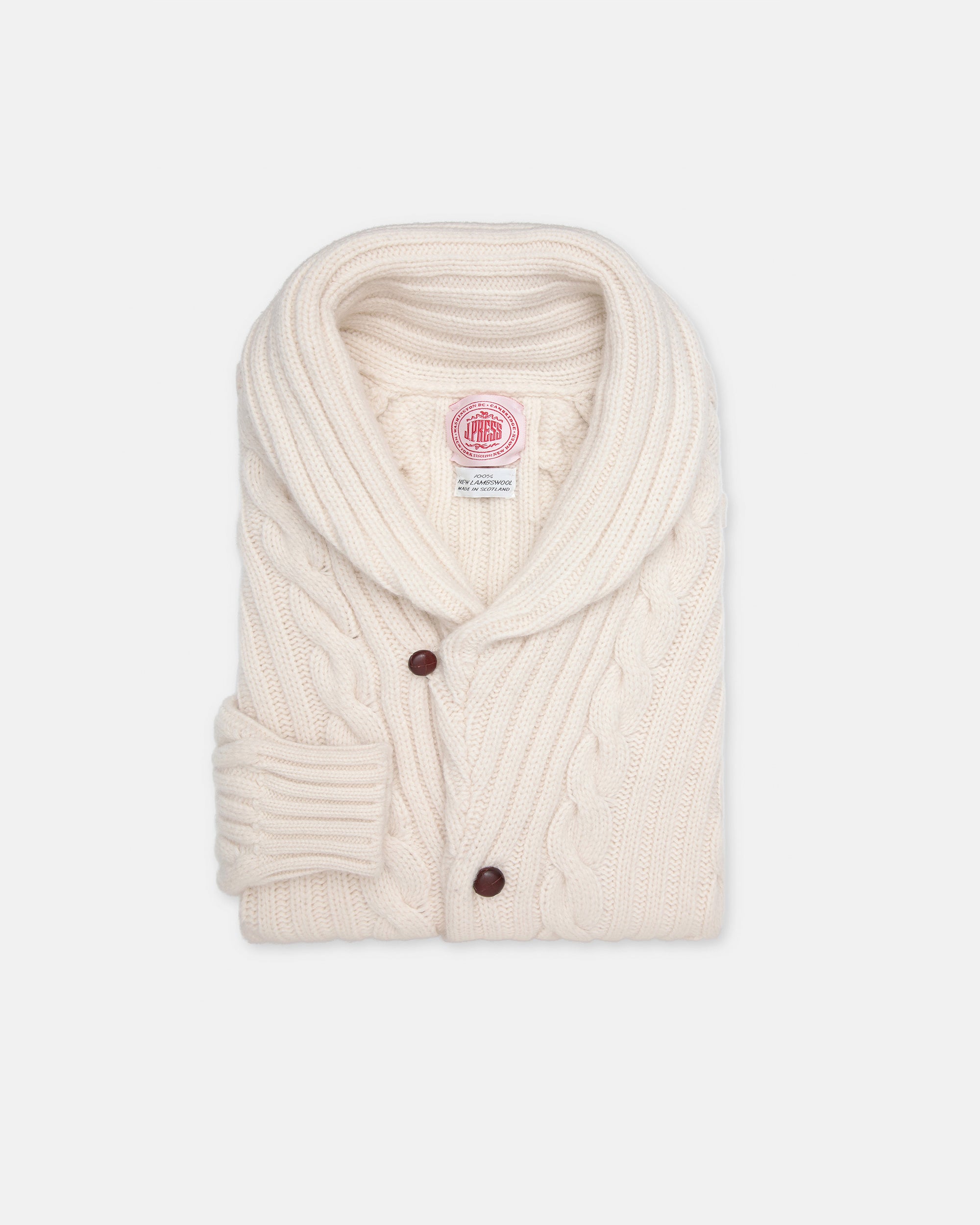 Made-in-Scotland Natural Shawl Collar Cableknit Cardigan