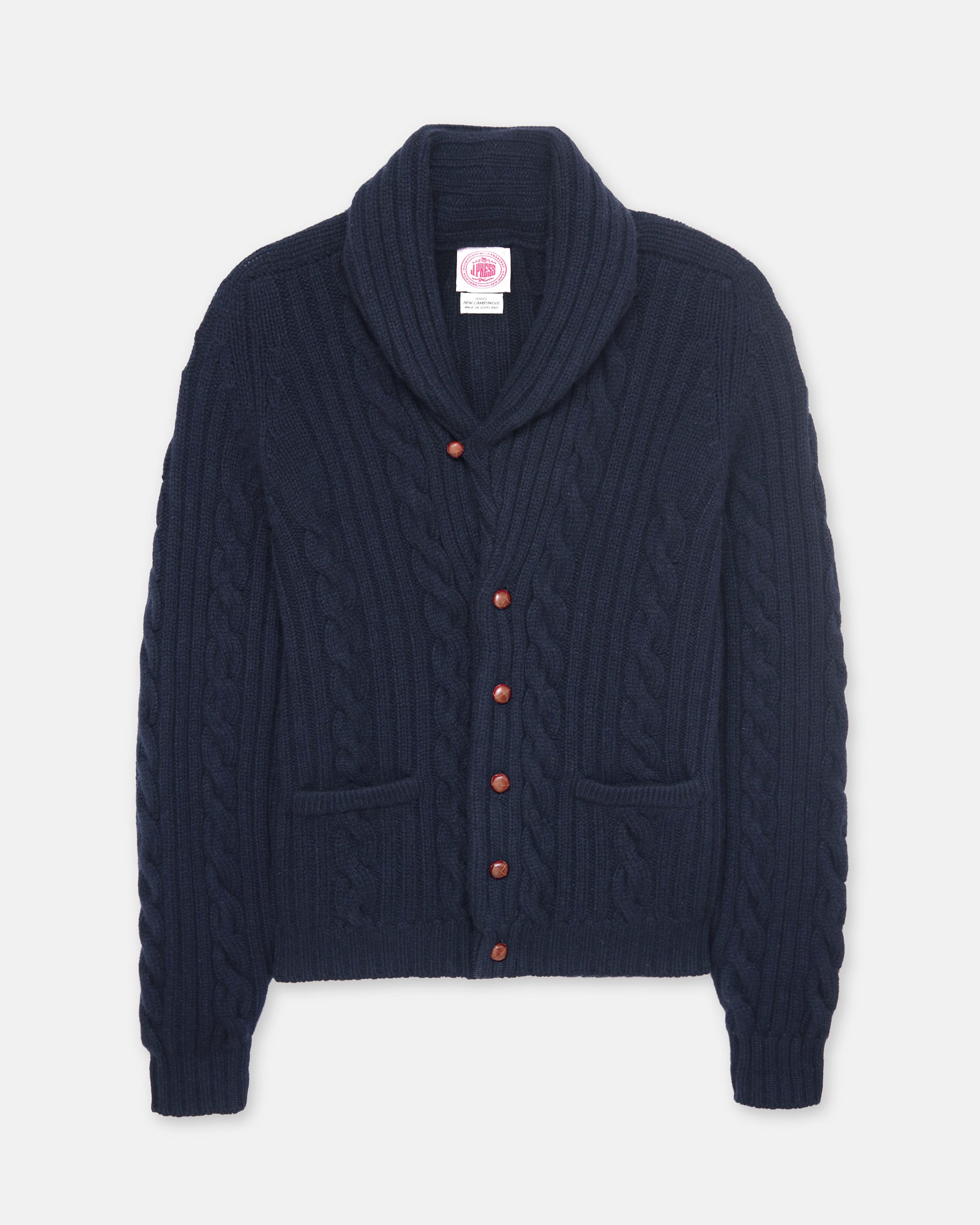 Made-in-Scotland Navy Shawl Collar Cableknit Cardigan