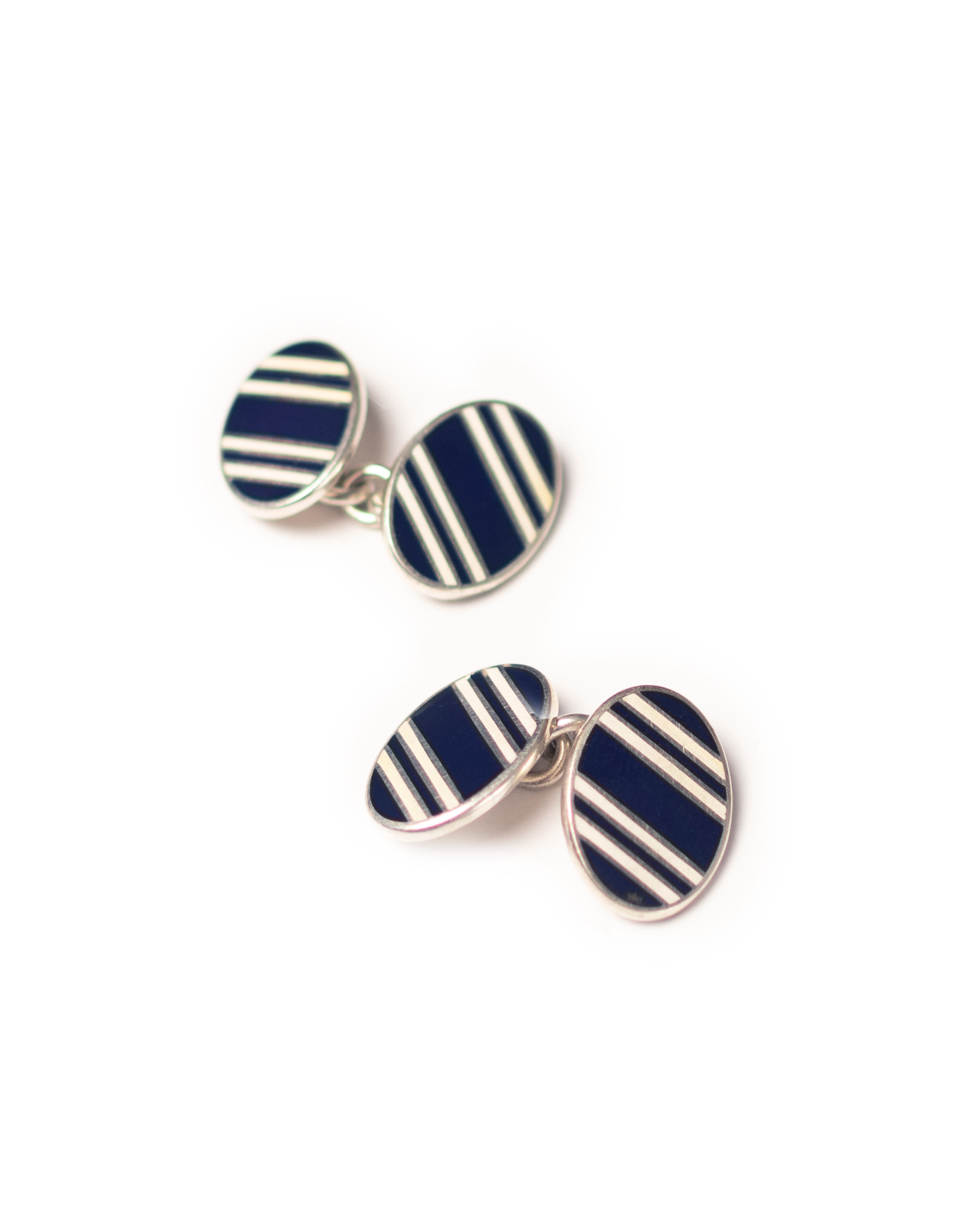 NAVY WHITE DOUBLE OVAL CUFFLINKS - SILVER