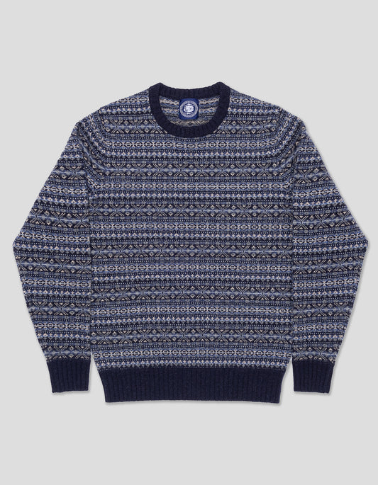 LAMBSWOOL FAIR ISLE CREW NECK SWEATER - BLUE