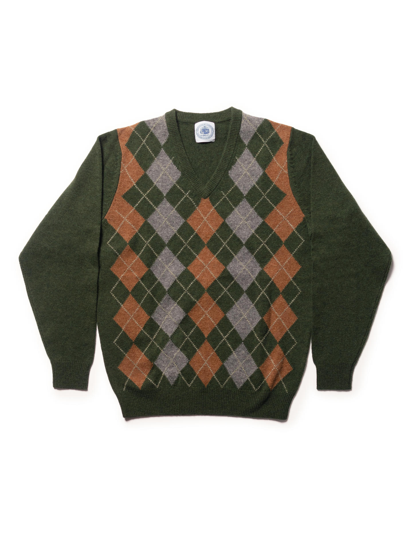 LAMBSWOOL ARGYLE V NECK SWEATER - GREEN/BROWN
