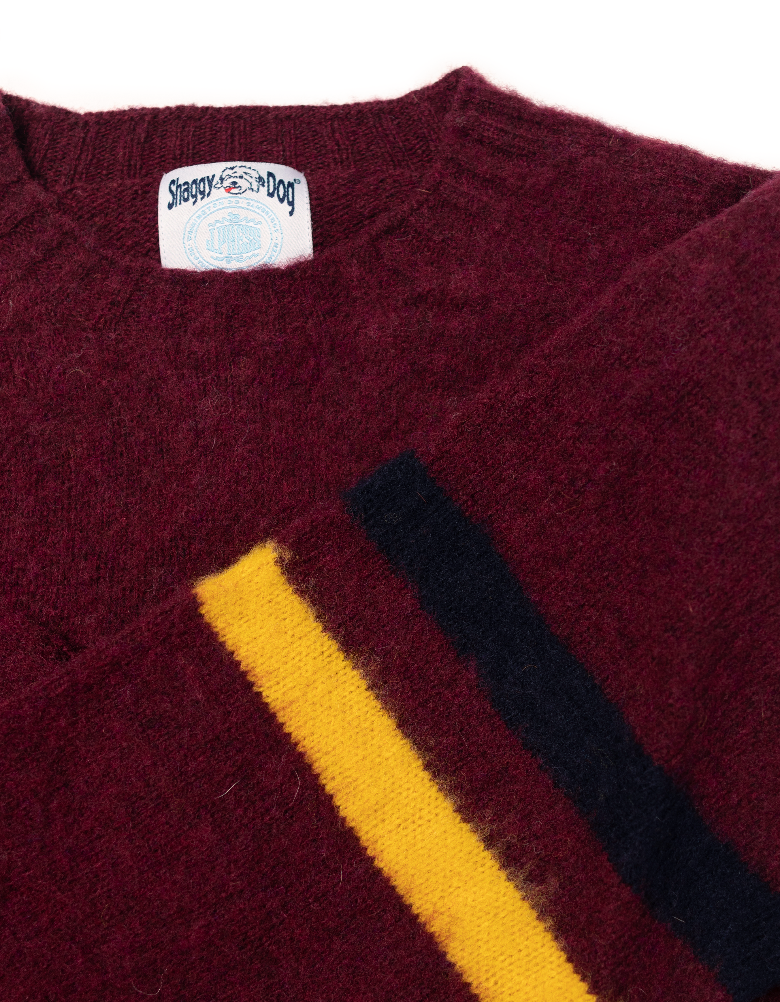 Made-in-Scotland Burgundy Sleeve Stripe Shaggy Dog Sweater  - Trim Fit