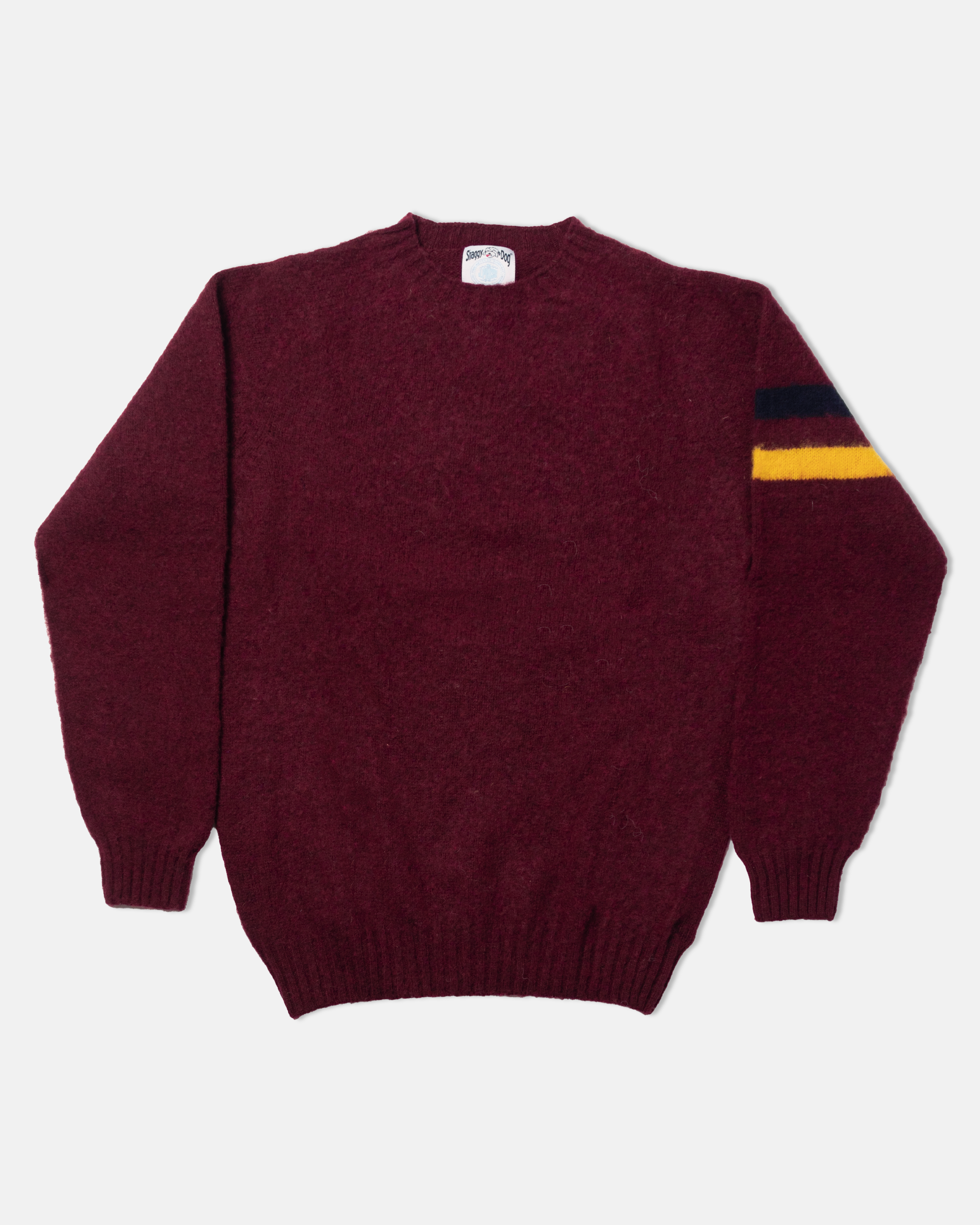 Made-in-Scotland Burgundy Sleeve Stripe Shaggy Dog Sweater  - Trim Fit