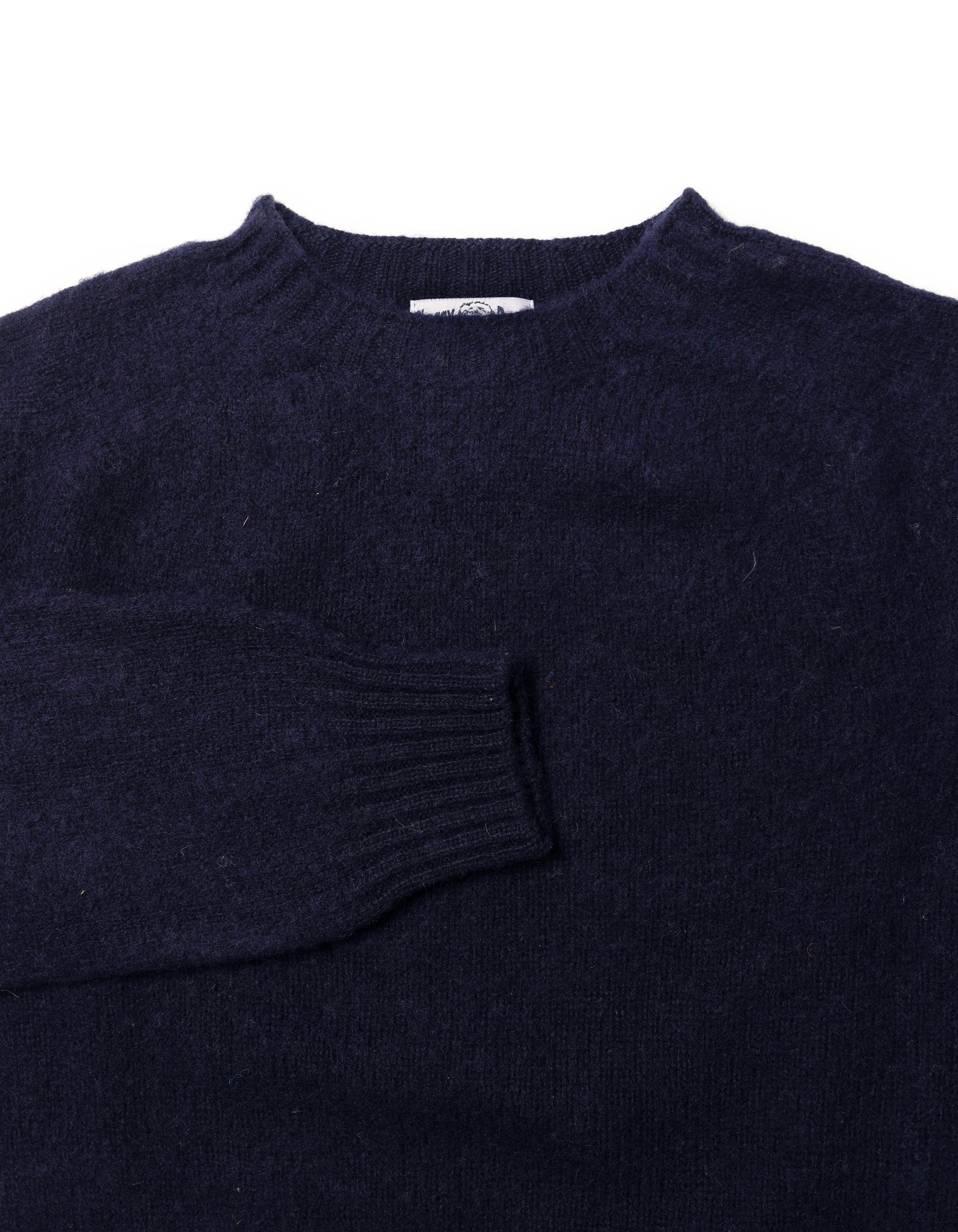 Made-in-Scotland Navy Sleeve Stripe Shaggy Dog Sweater  - Trim Fit
