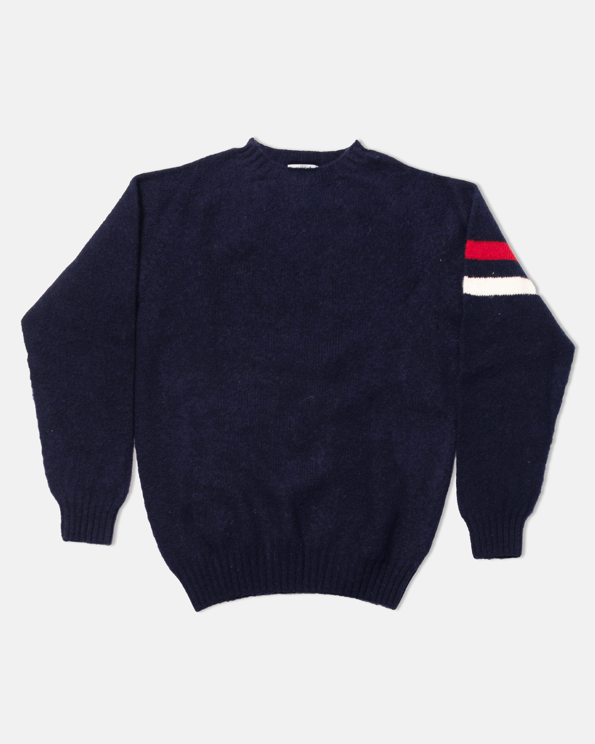 Made-in-Scotland Navy Sleeve Stripe Shaggy Dog Sweater  - Trim Fit