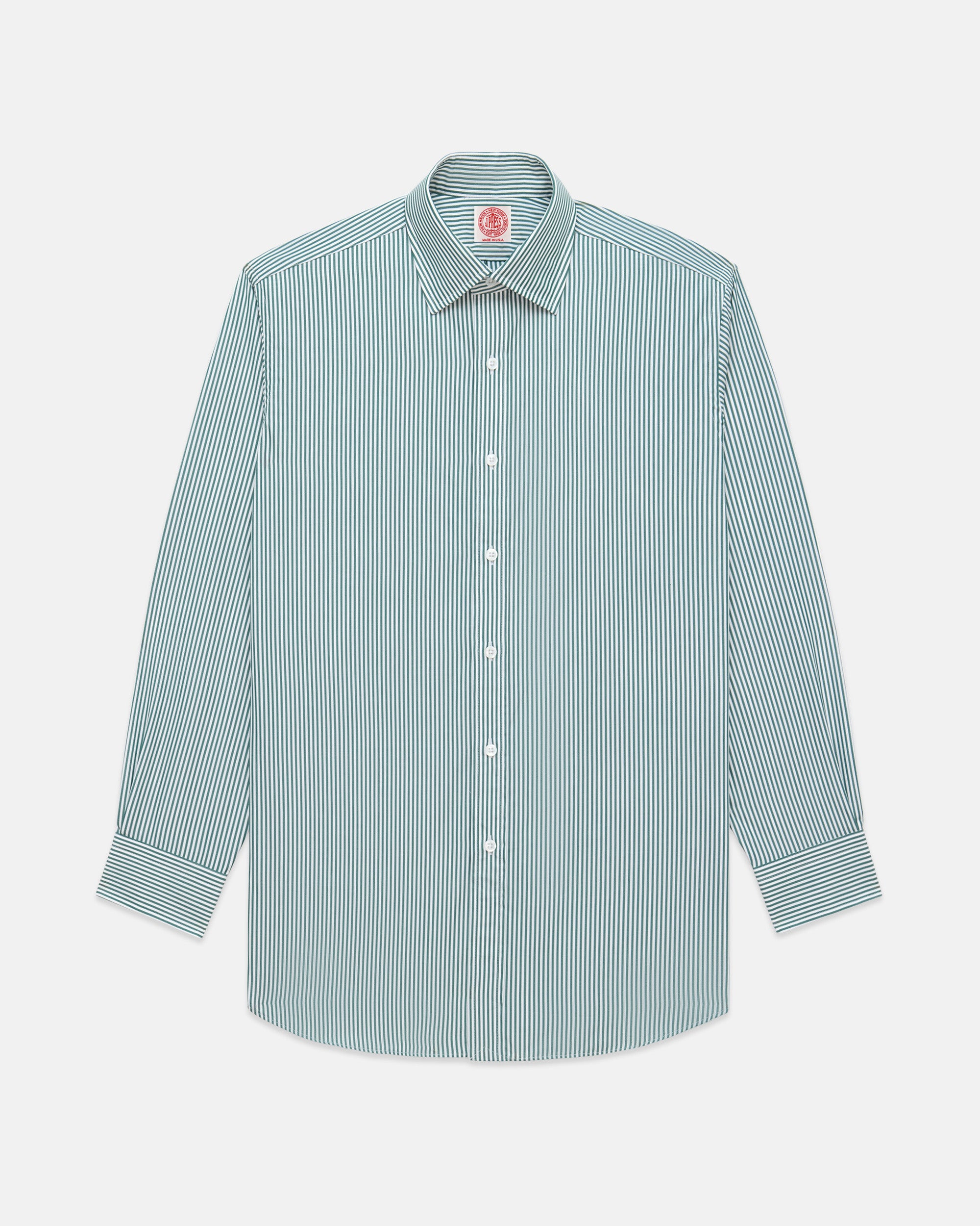 Made-in-USA Thomas Mason Green Bengal Stripe Spread Collar Dress Shirt - Classic Fit