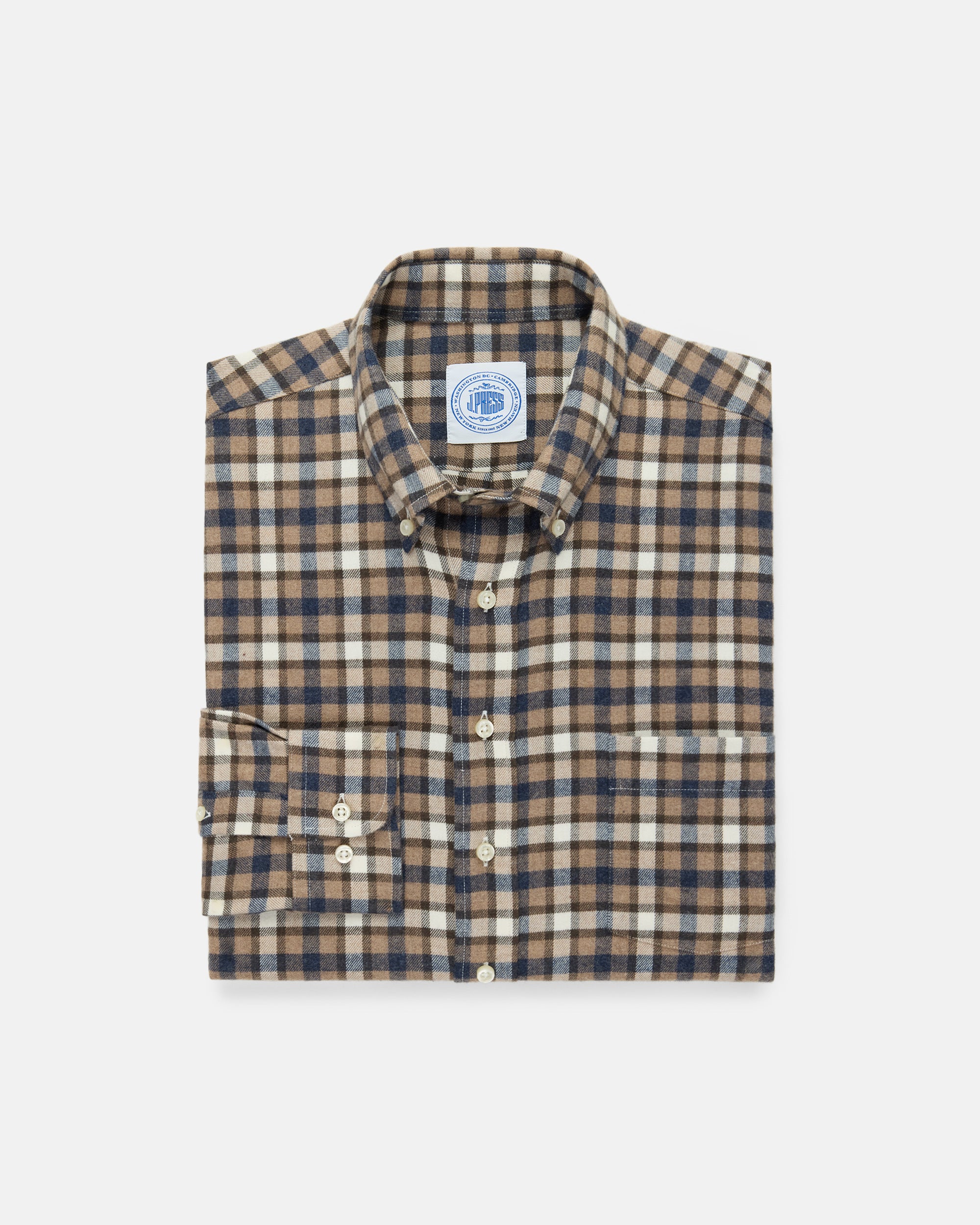 Brown & Navy Plaid Cotton Flannel Button Down Sport Shirt - Classic Fit