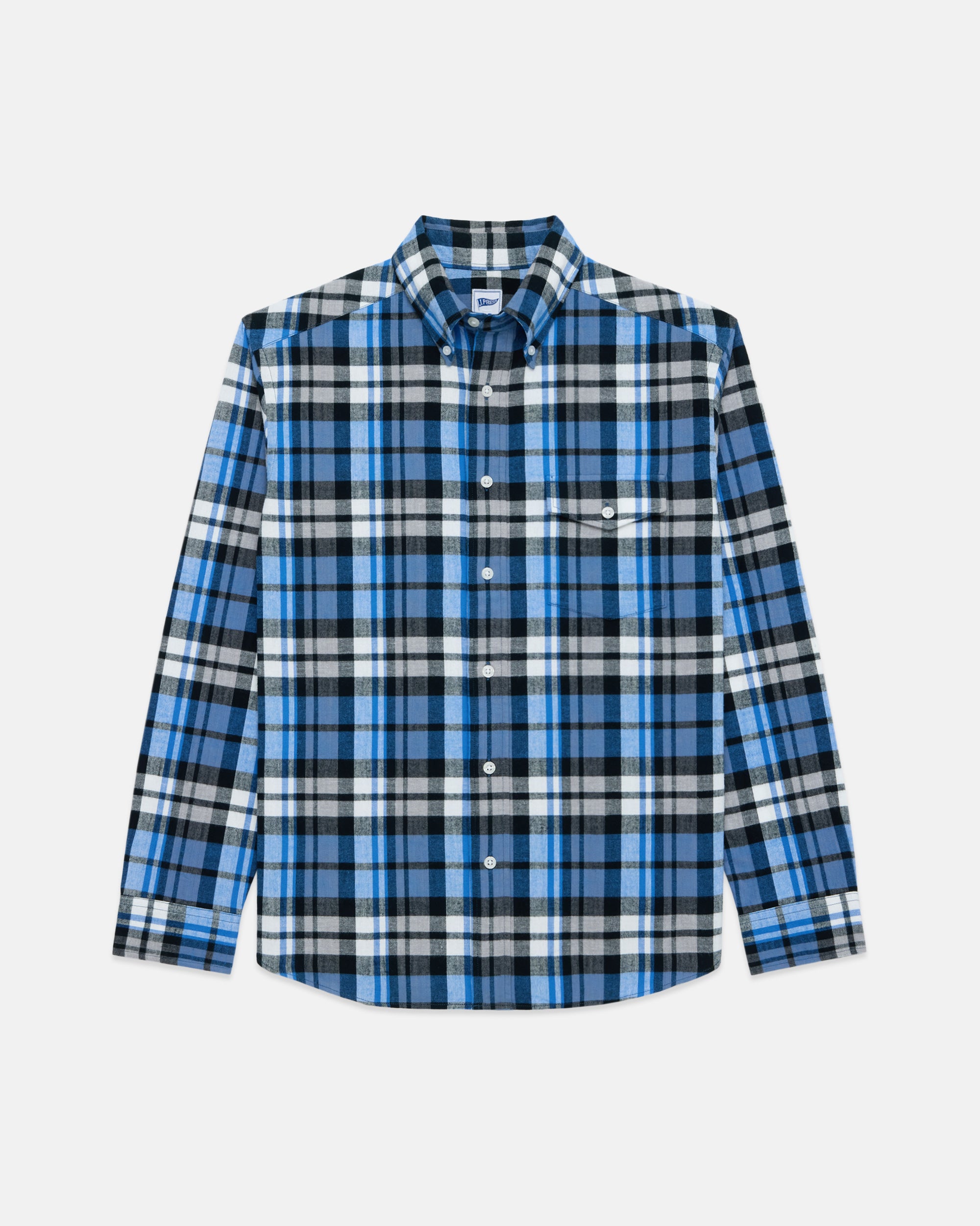 Blue & Cream Plaid Cotton Flannel Sport Shirt - Trim Fit