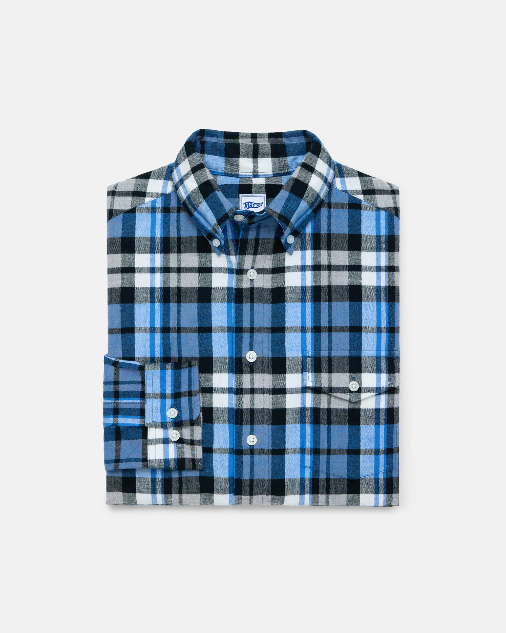 Blue & Cream Plaid Cotton Flannel Sport Shirt - Trim Fit