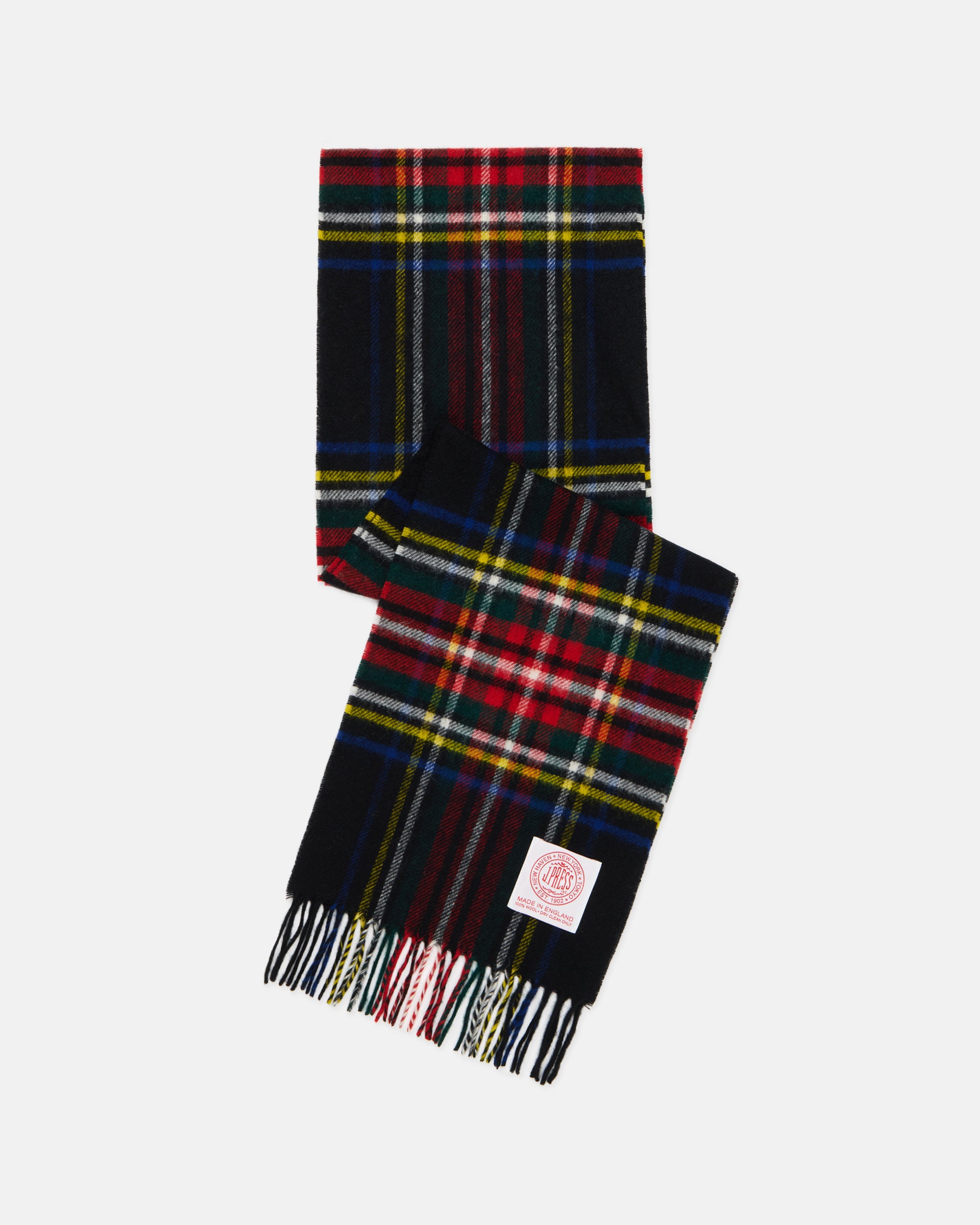 Made-in-England Black Stewart Tartan Merino Wool Scarf