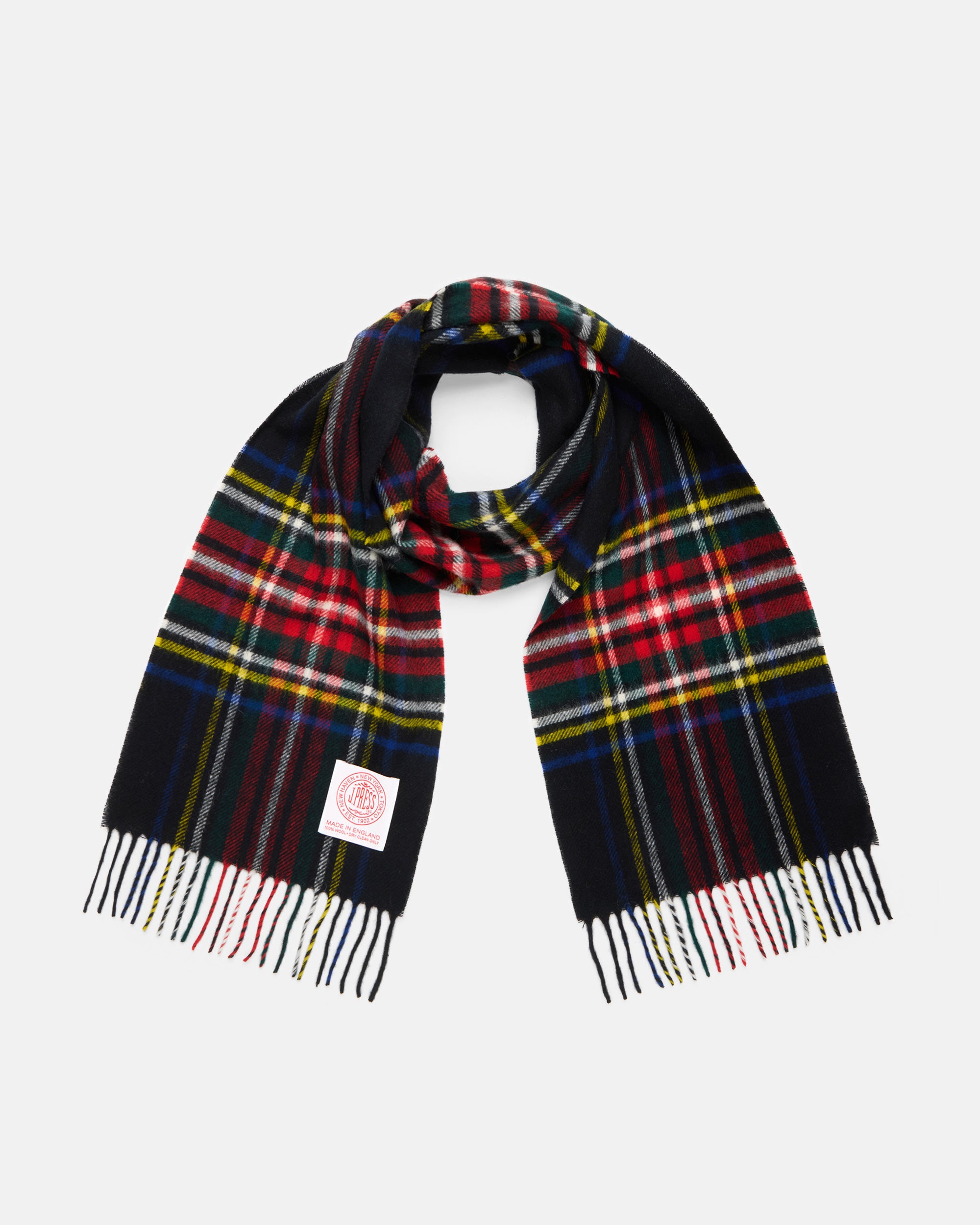 Made-in-England Black Stewart Tartan Merino Wool Scarf