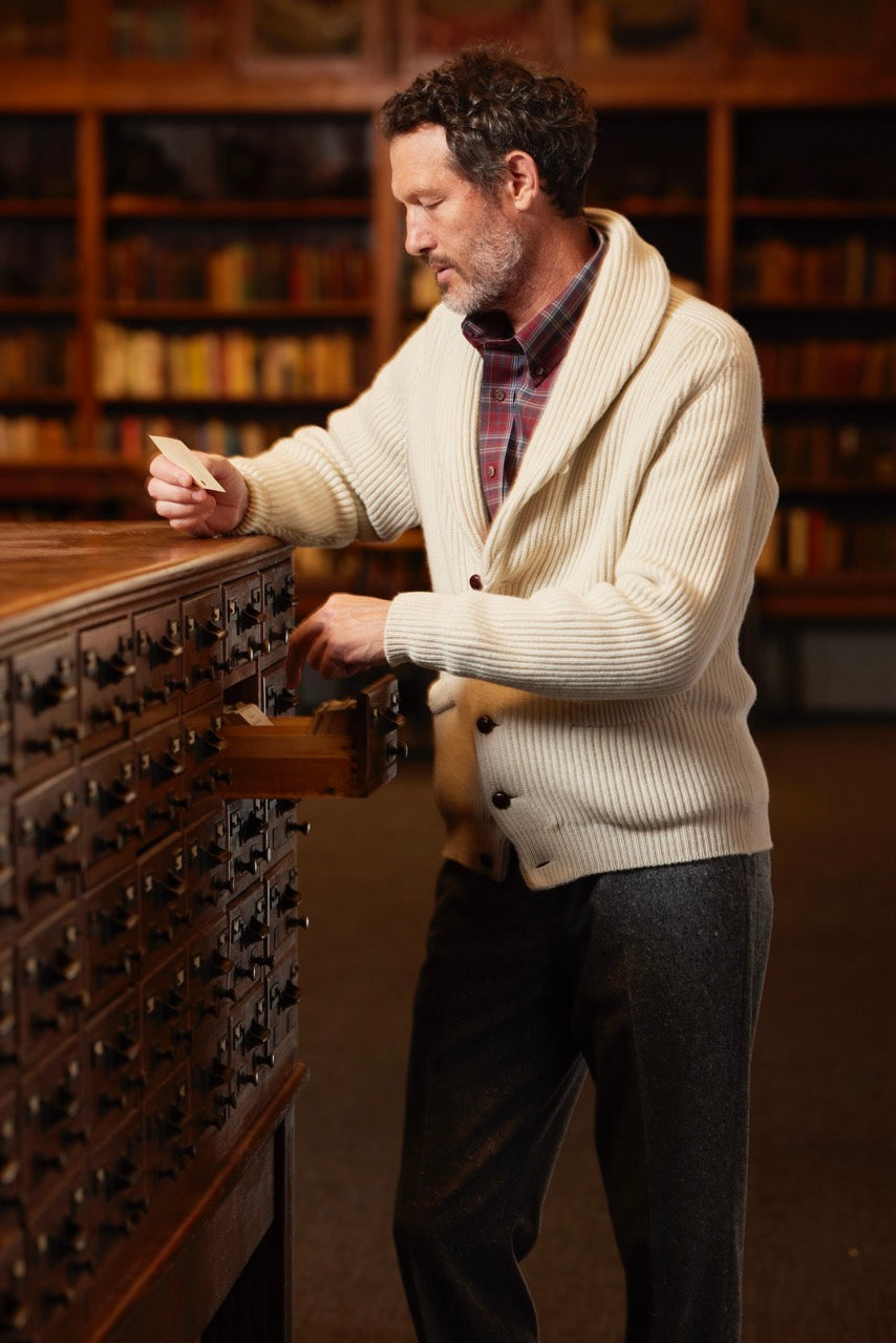 NATURAL CASHMERE SHAWL COLLAR CARDIGAN