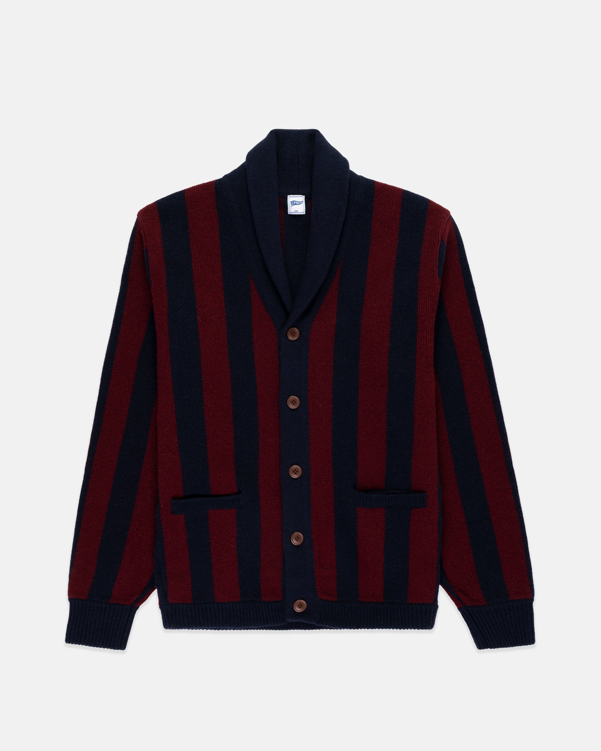 Navy & Burgundy Striped Varsity-Style Cotton Cardigan - Trim Fit