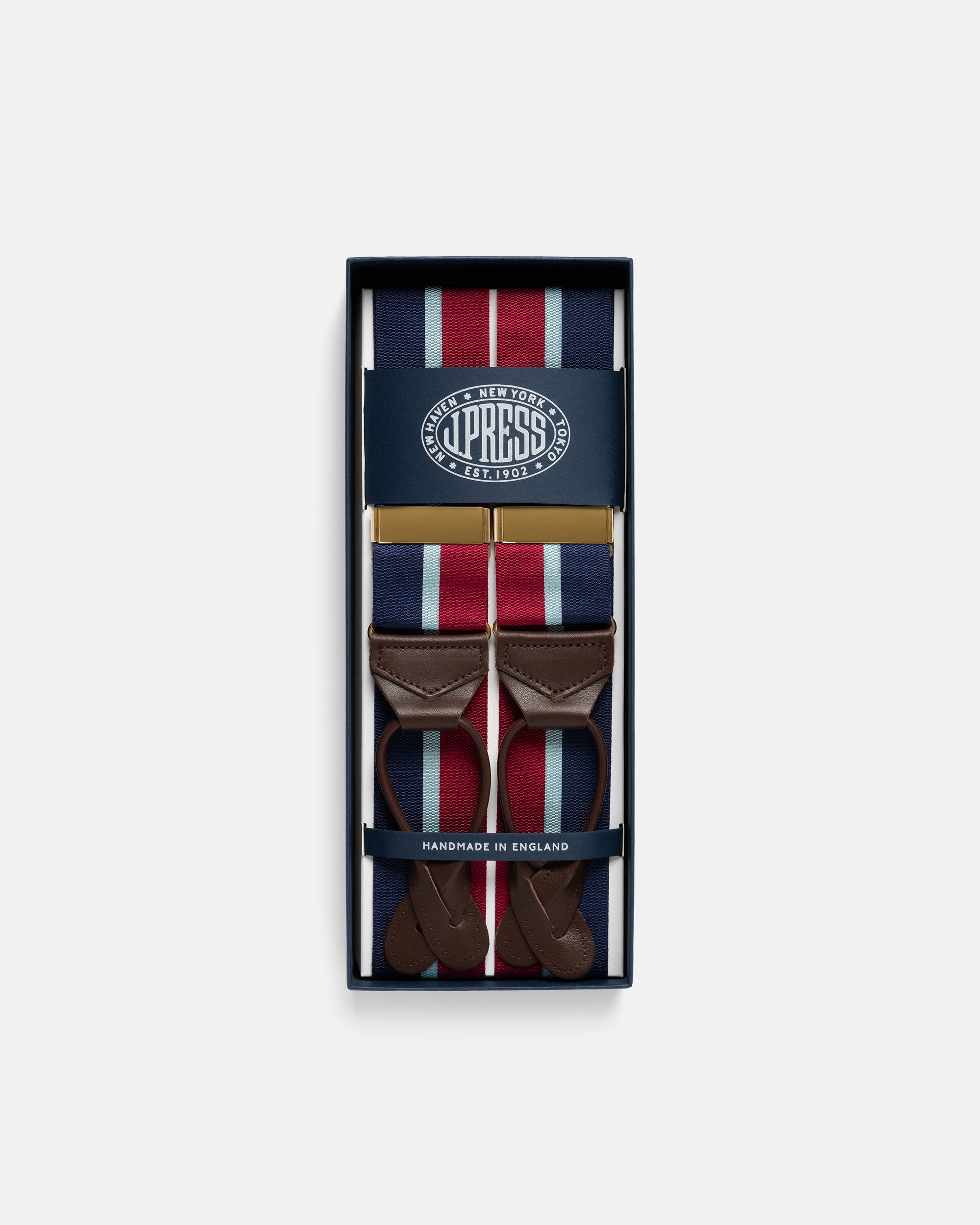 Made-in-England Red, Navy & Light Blue Striped Barathea Braces