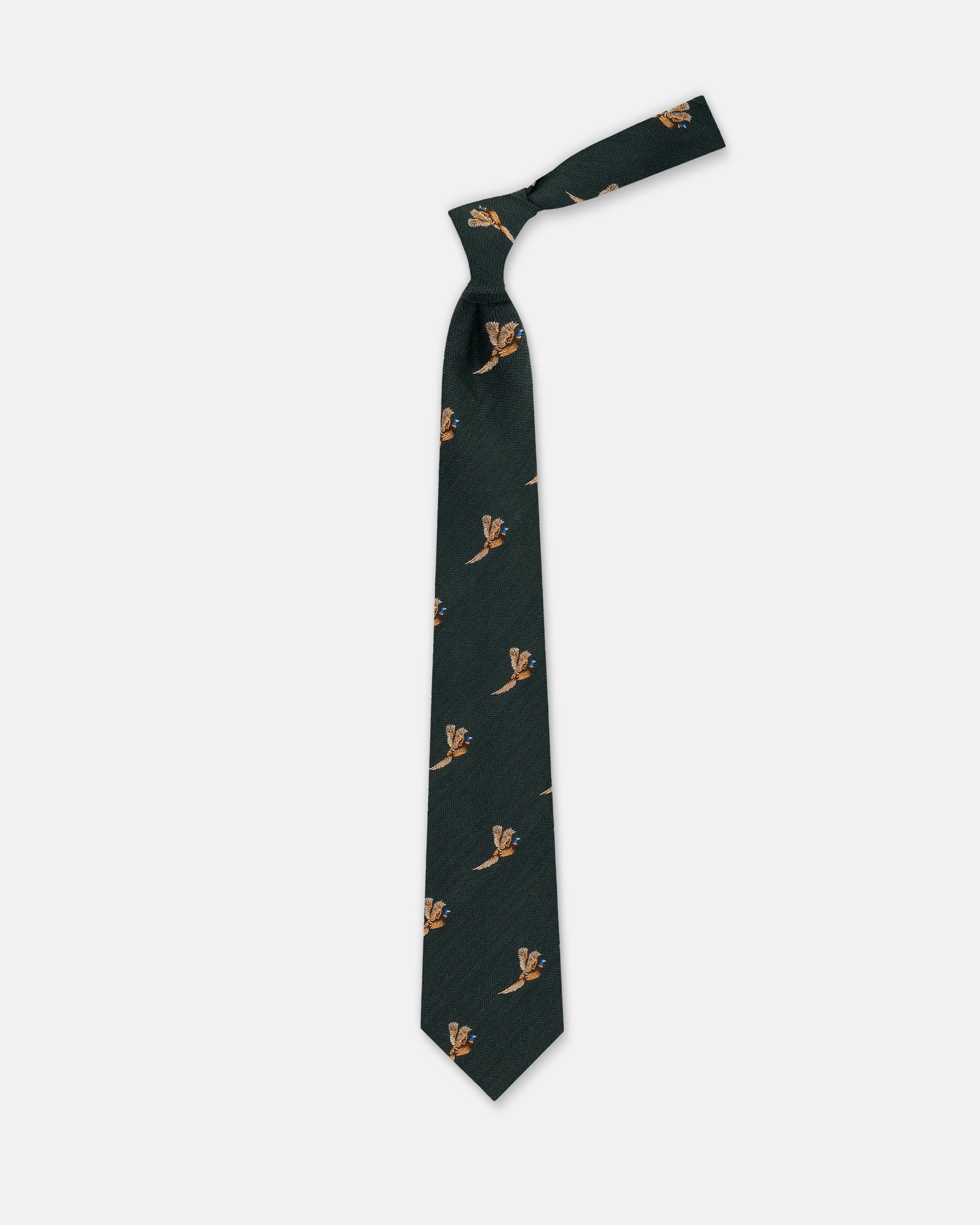 Made-in-England Green Flying Pheasant Wool/Silk Tie