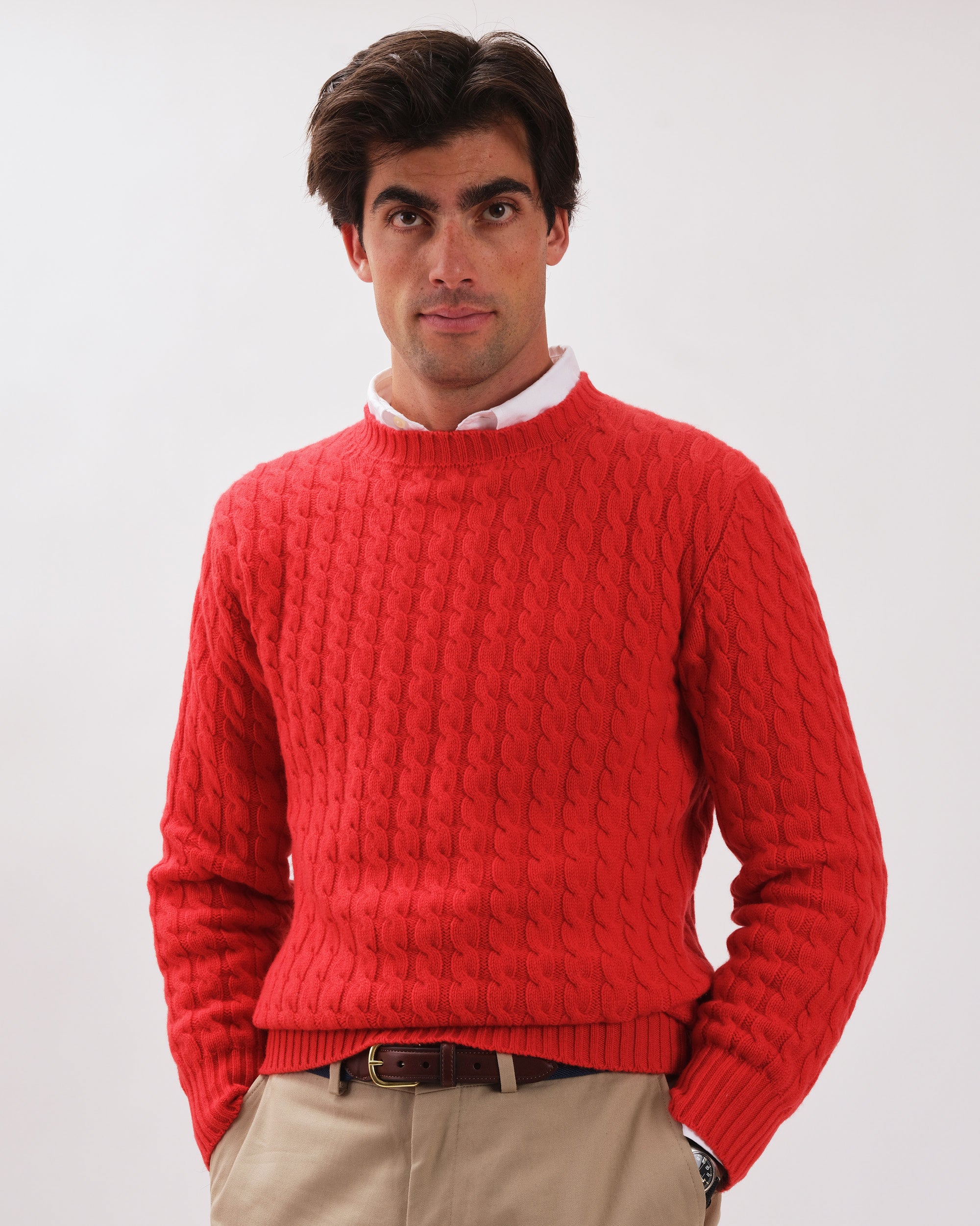 Made-in-Scotland Scarlet Cable Knit Cashmere Sweater
