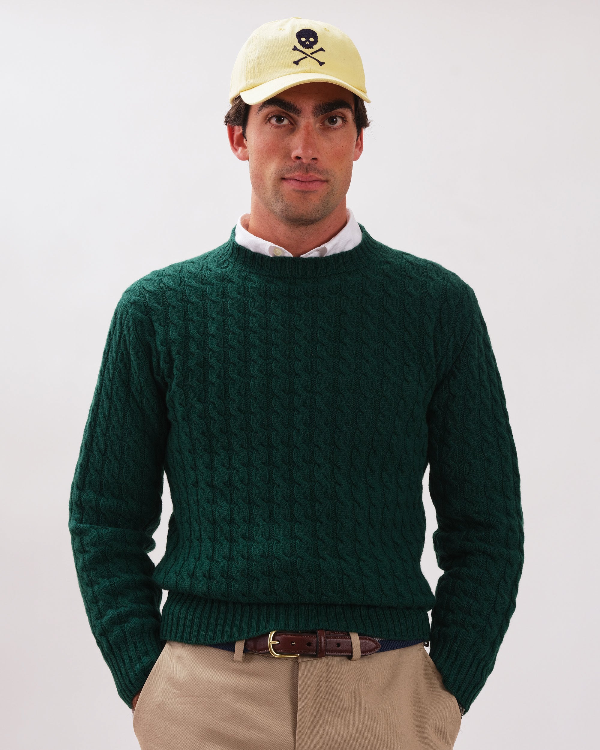 Made-in-Scotland Green Cable Knit Cashmere Sweater
