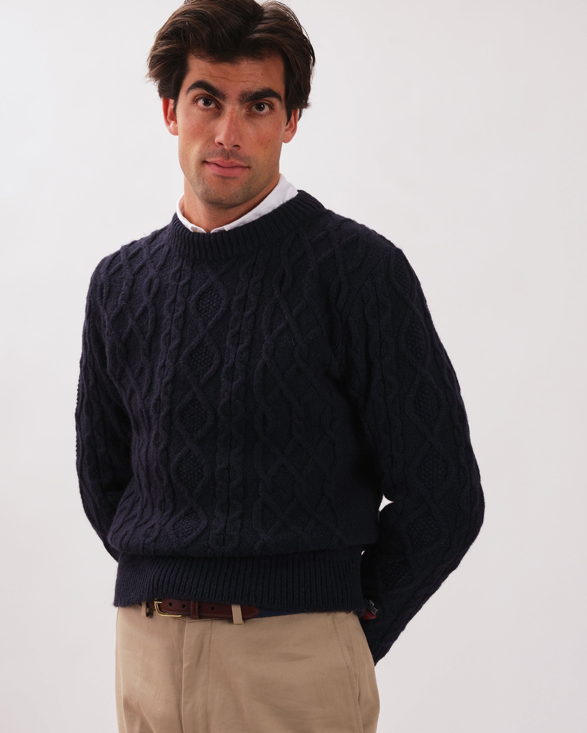 Made-in-Norway Navy Aran Knit Sweater - Classic Fit