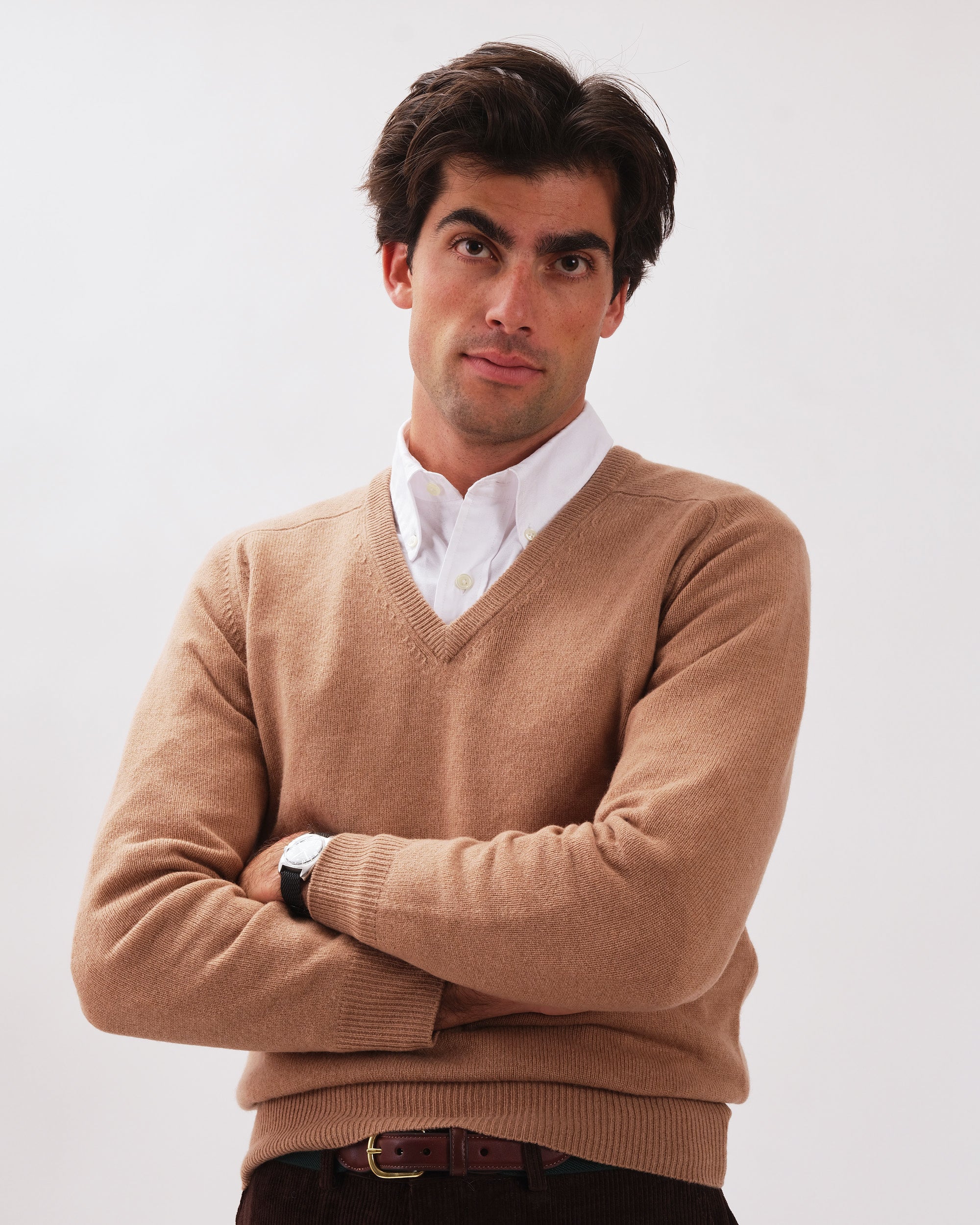 Camel Lambswool V-neck Sweater
