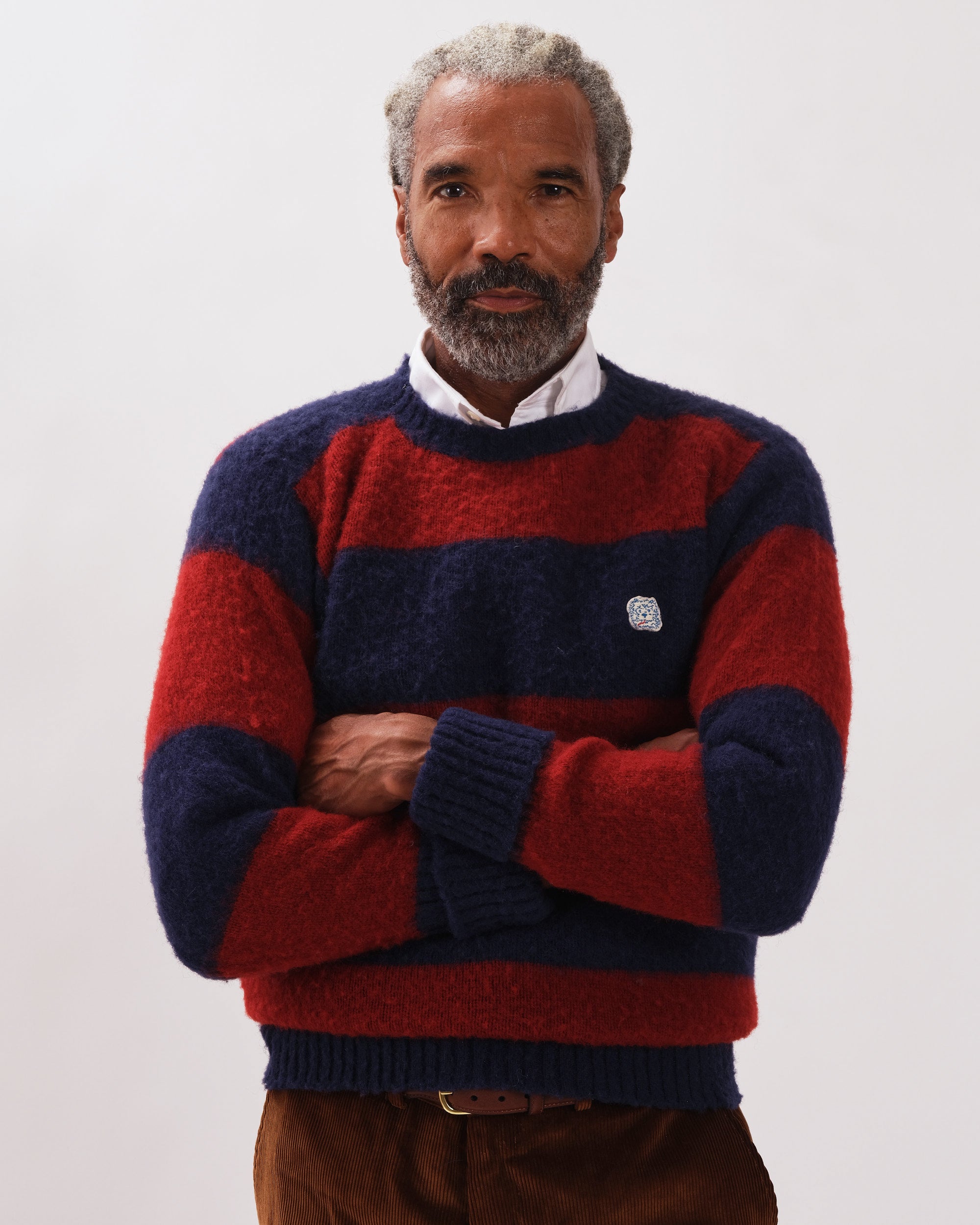 Made-in-Scotland Navy & Dark Red Stripe Shaggy Dog Icon Sweater - Classic Fit