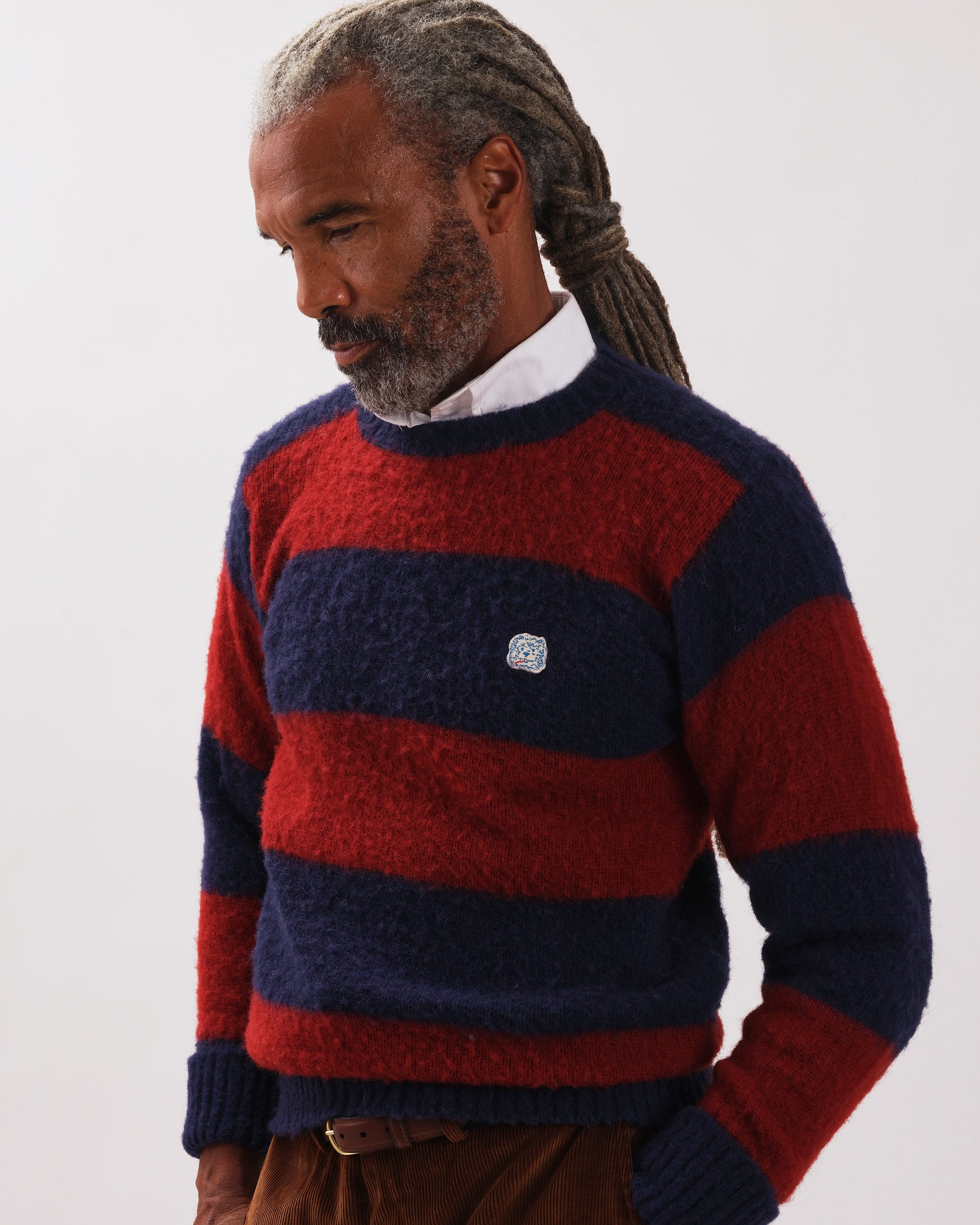 Made-in-Scotland Navy & Dark Red Stripe Shaggy Dog Icon Sweater - Classic Fit