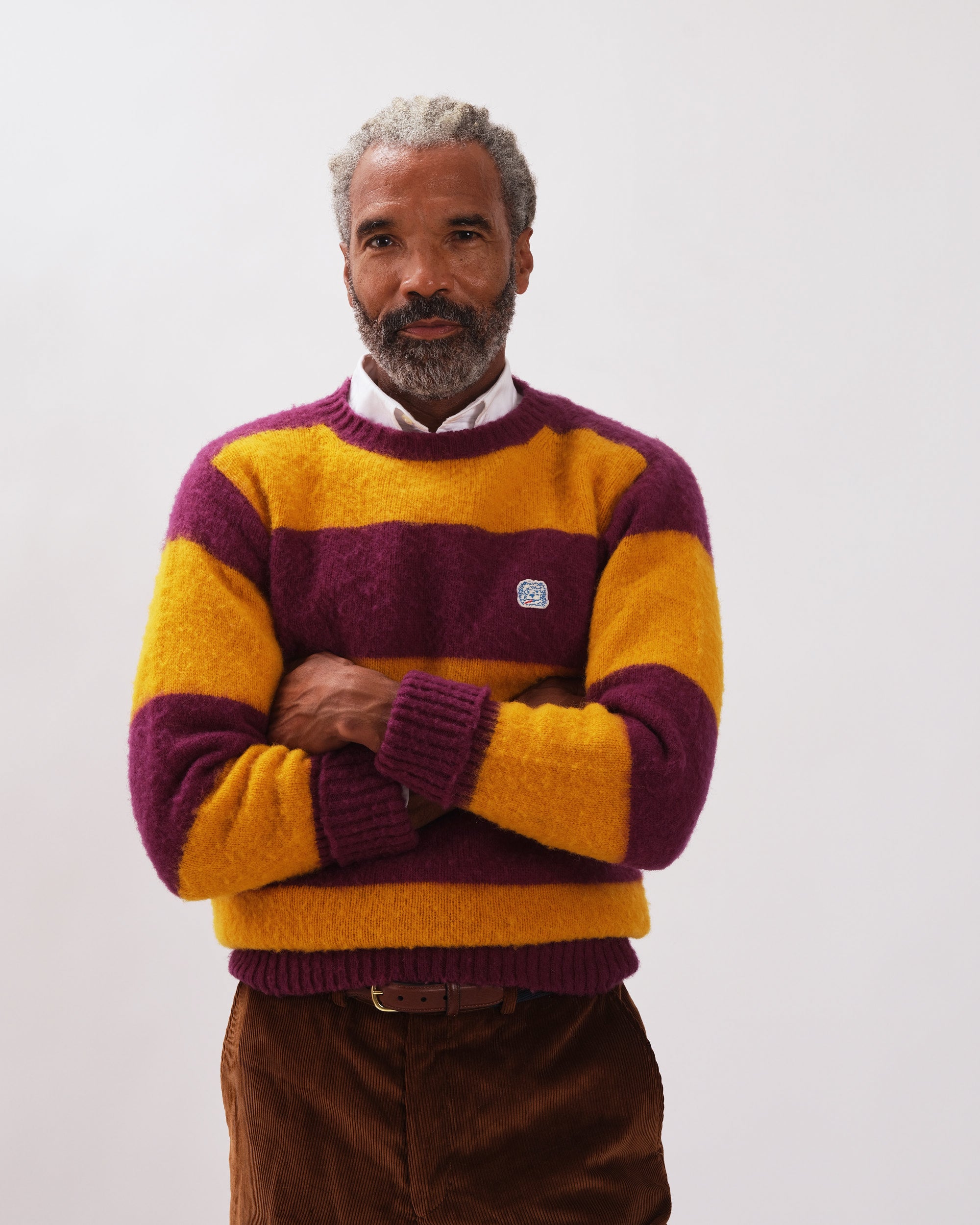 Made-in-Scotland Purple & Yellow Stripe Shaggy Dog Icon Sweater - Classic Fit