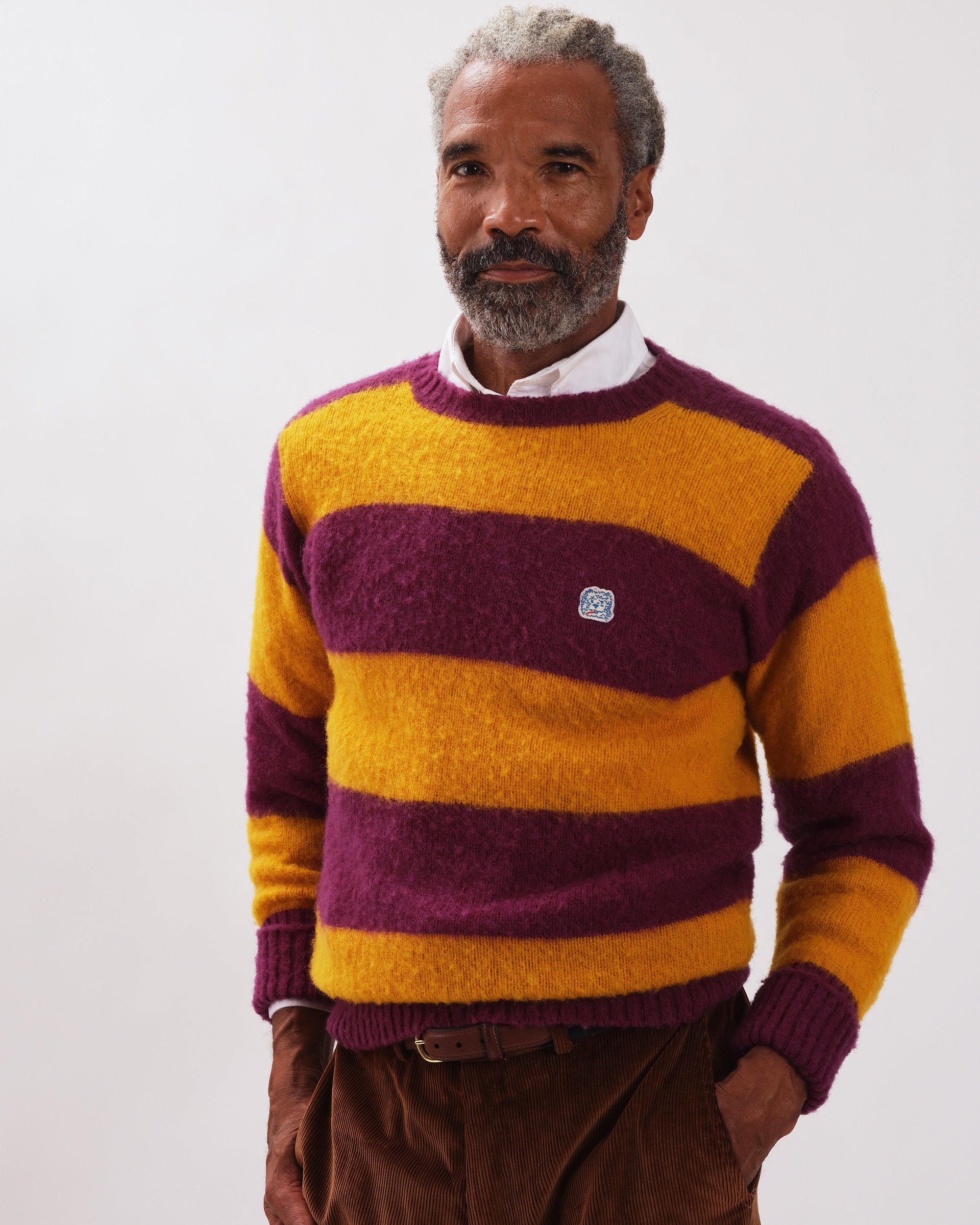 Made-in-Scotland Purple & Yellow Stripe Shaggy Dog Icon Sweater - Classic Fit