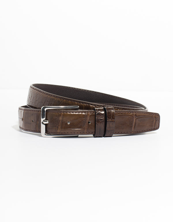 BROWN CROCODILE BELT WITH SILVER BUCKLE