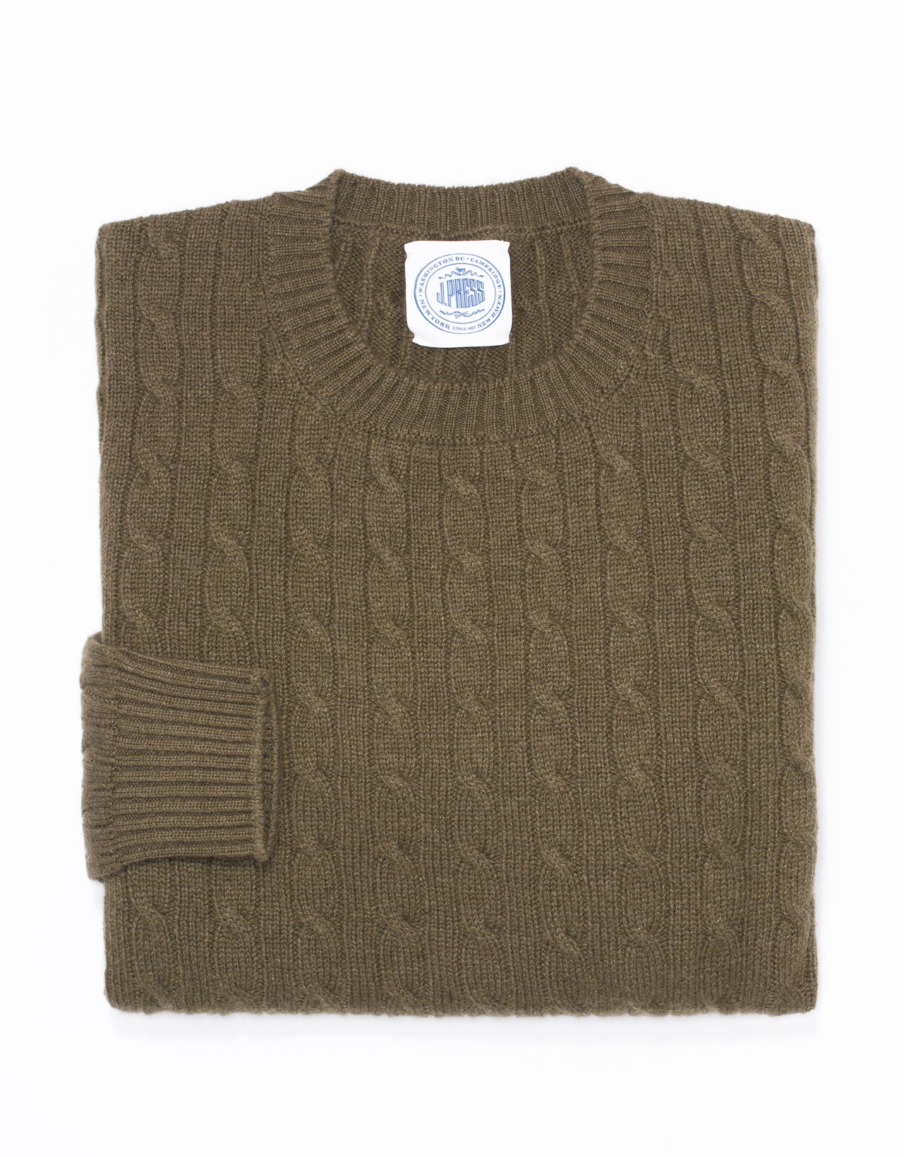 OLIVE CREW NECK CASHMERE CABLE SWEATER