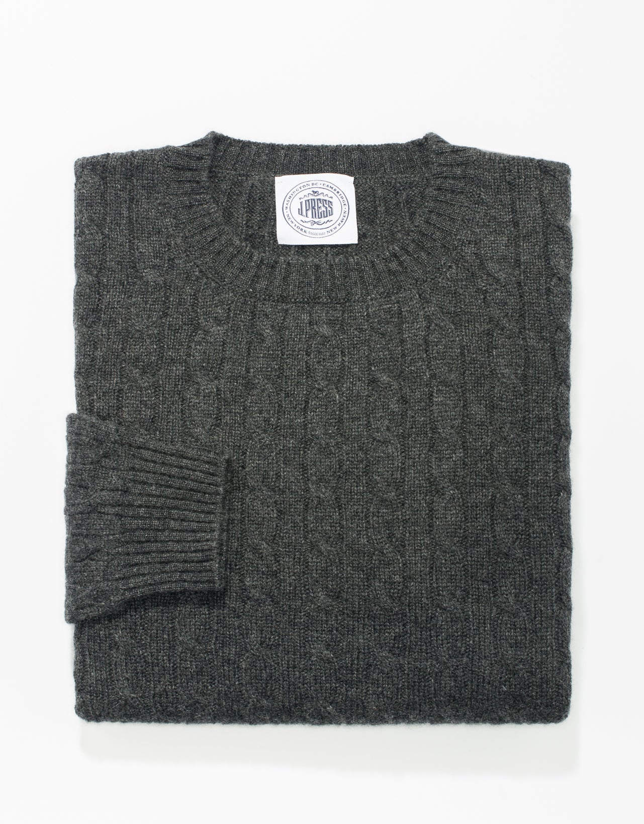 GREY CREW NECK CASHMERE CABLE SWEATER